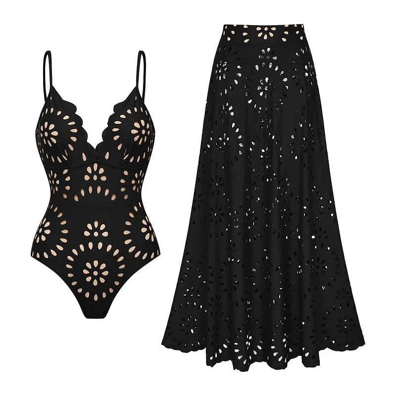 Flaxmaker Summer Women Lace Up V Neck Ruffle Swimsuit Sarong