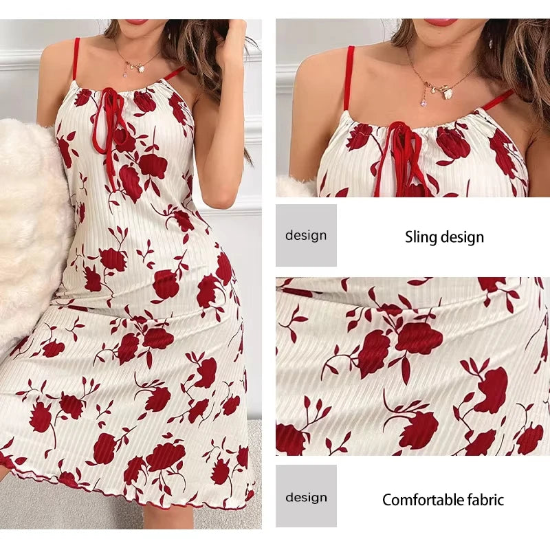 Elegant Women Floral Ribbed Summer Nightgown Lettuce Hem Dress