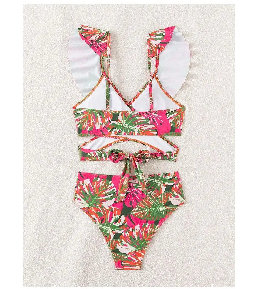 Women Tropical Floral Ruffle Trim Two Piece Bikini Swimsuit