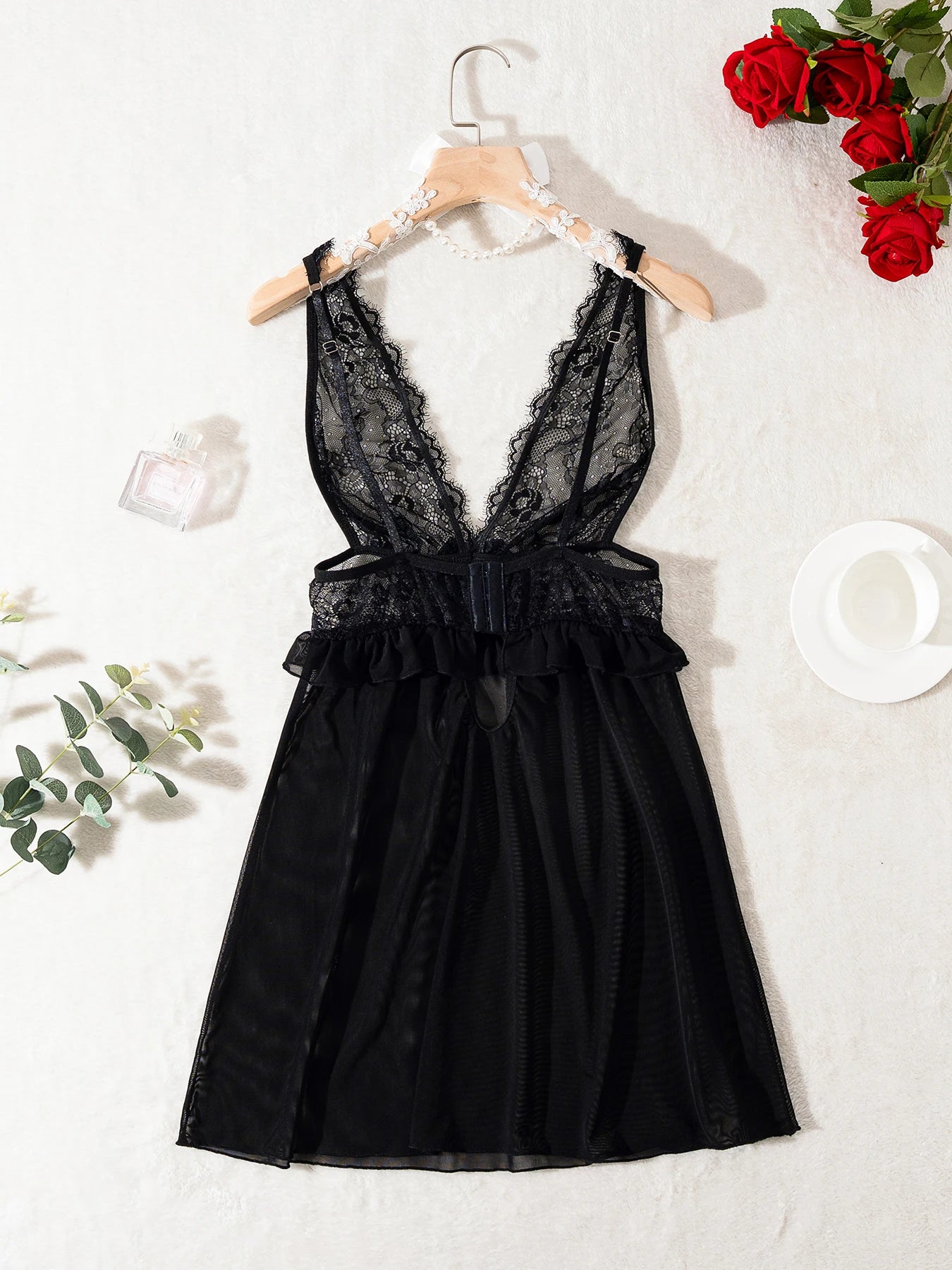 Premium Women Black Mesh Nightdress Sheer Lace V Neckwear