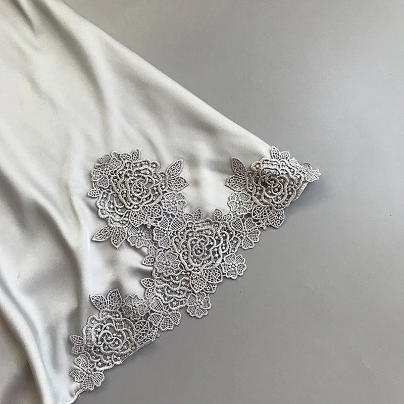 Women's Elegant Silk Satin Nightgown With Floral Lace Trim Soft Sleepwear Robe