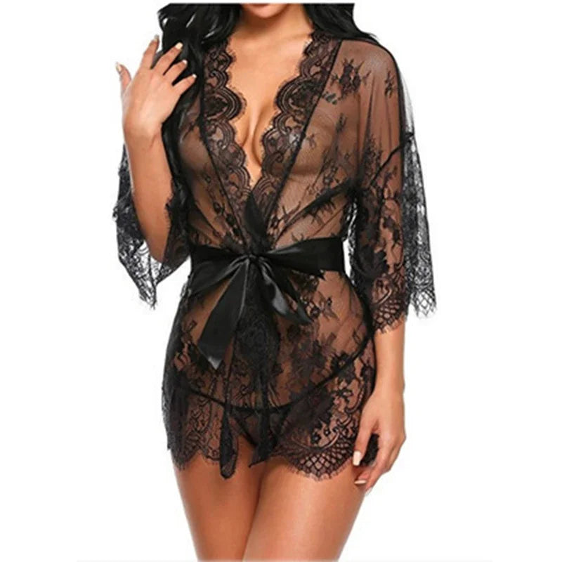 Soft Lace V-Neck Backless Nightgown Set with Matching Panty