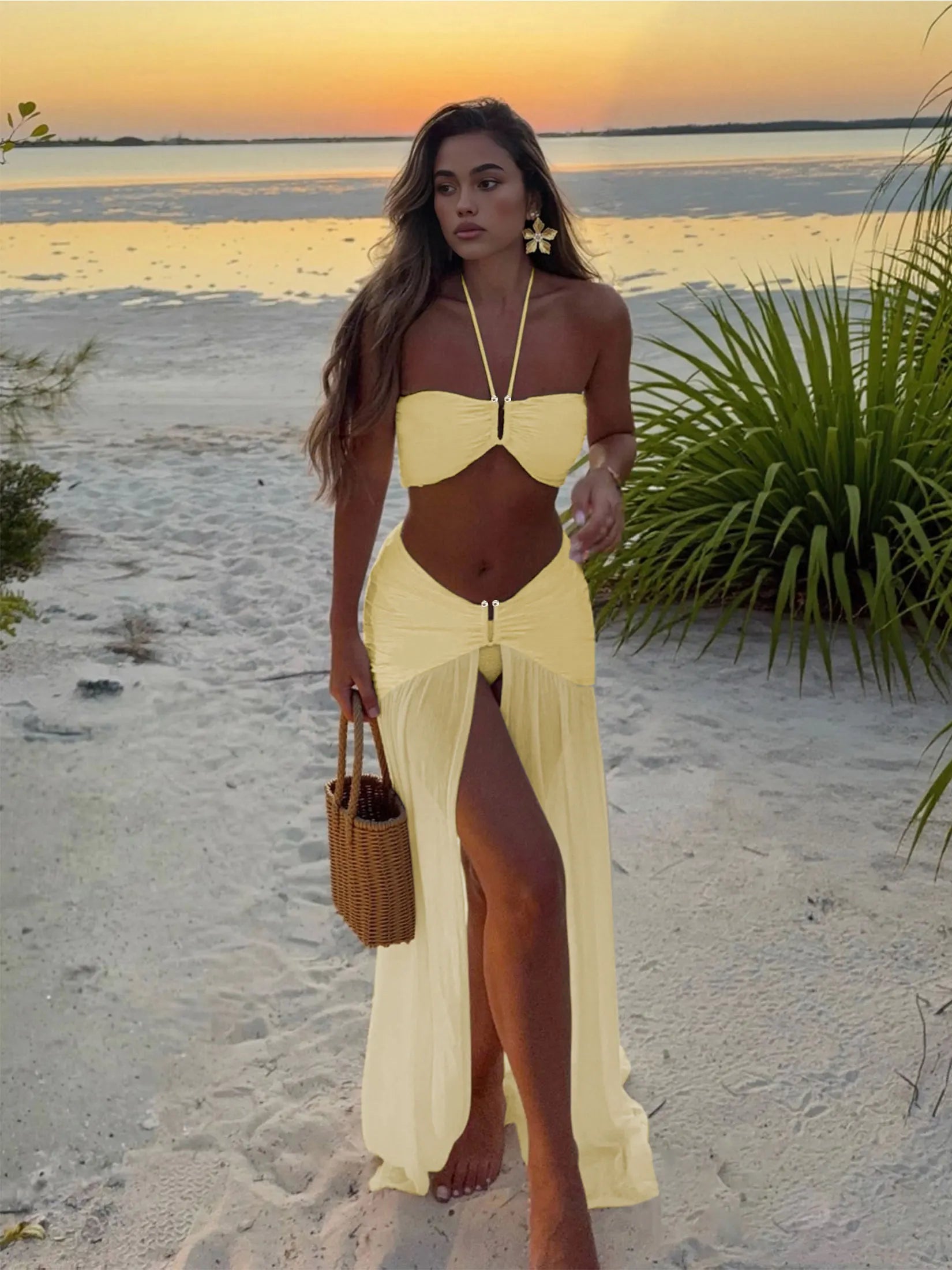 Women's White Halter Bikini Three Piece Maxi Skirt Set