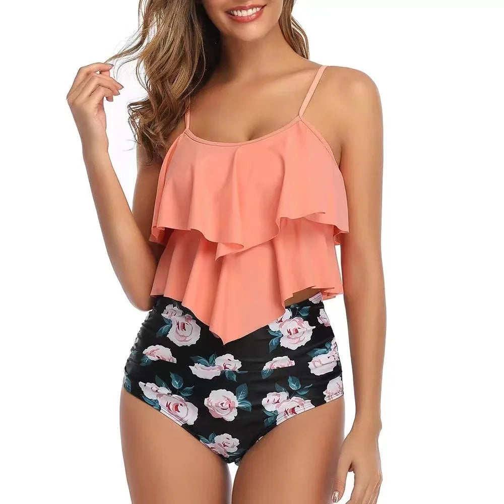 Premium Two Piece Ruffled Top High Waisted Swimsuit Set