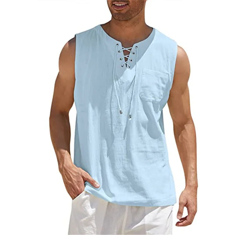 Men's Casual Sleeveless V-Neck Lace Up Retro Vest Shirt