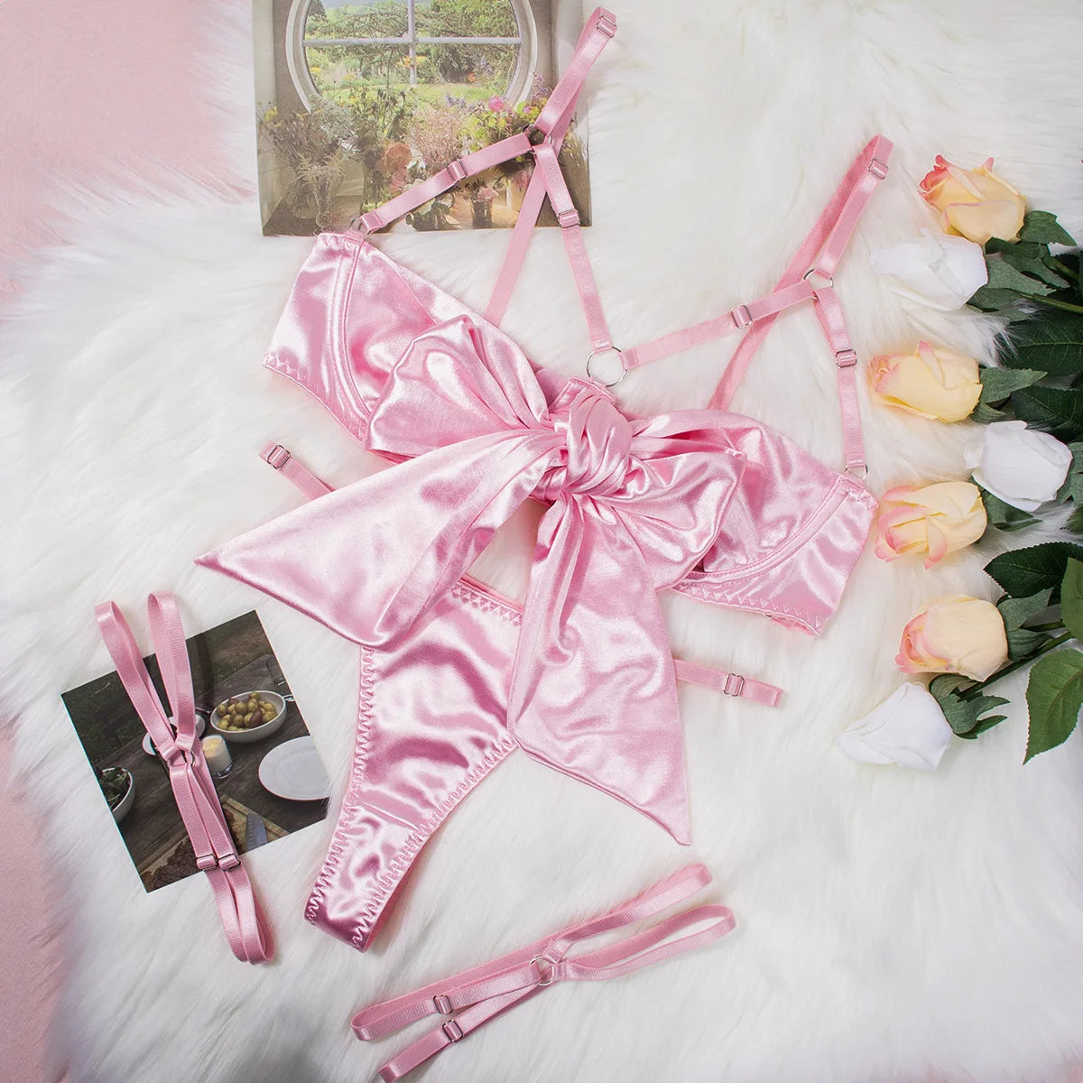 Women's Exquisite Bow Underwire Three Piece Matching Lingerie Set