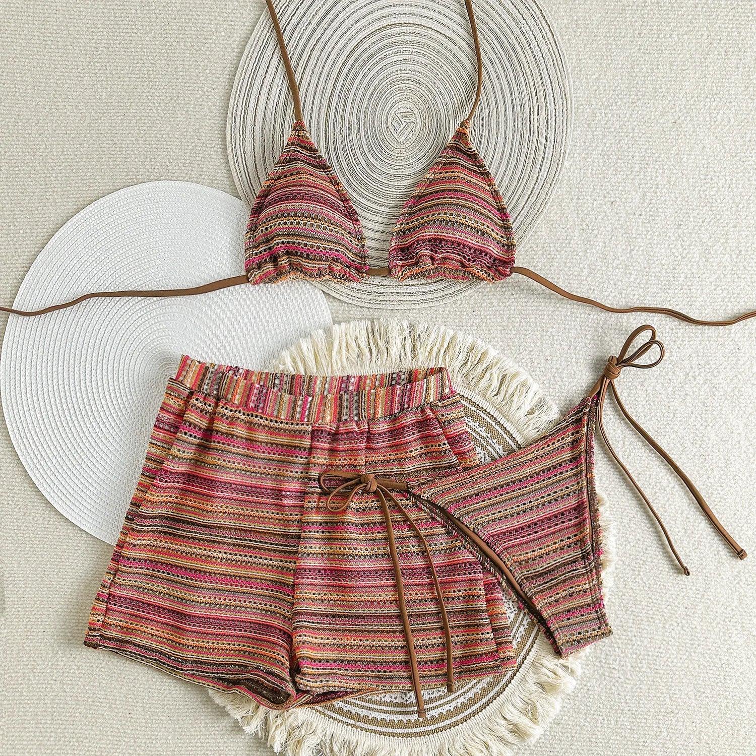 Premium Women Striped Knit Halter Bikini Three Piece Swimsuit