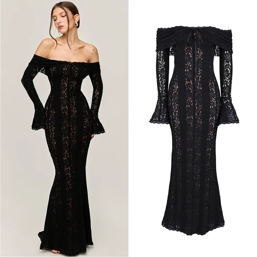 Premium Women White Bodycon Lace Maxi Dress Flare Sleeves