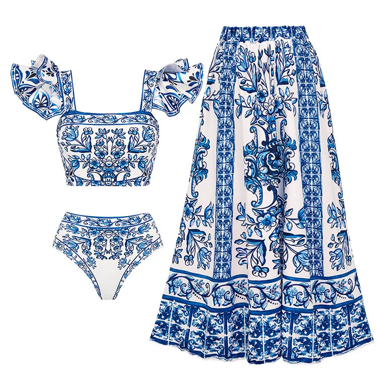 Flaxmaker Summer Women Lace Up V Neck Ruffle Swimsuit Sarong