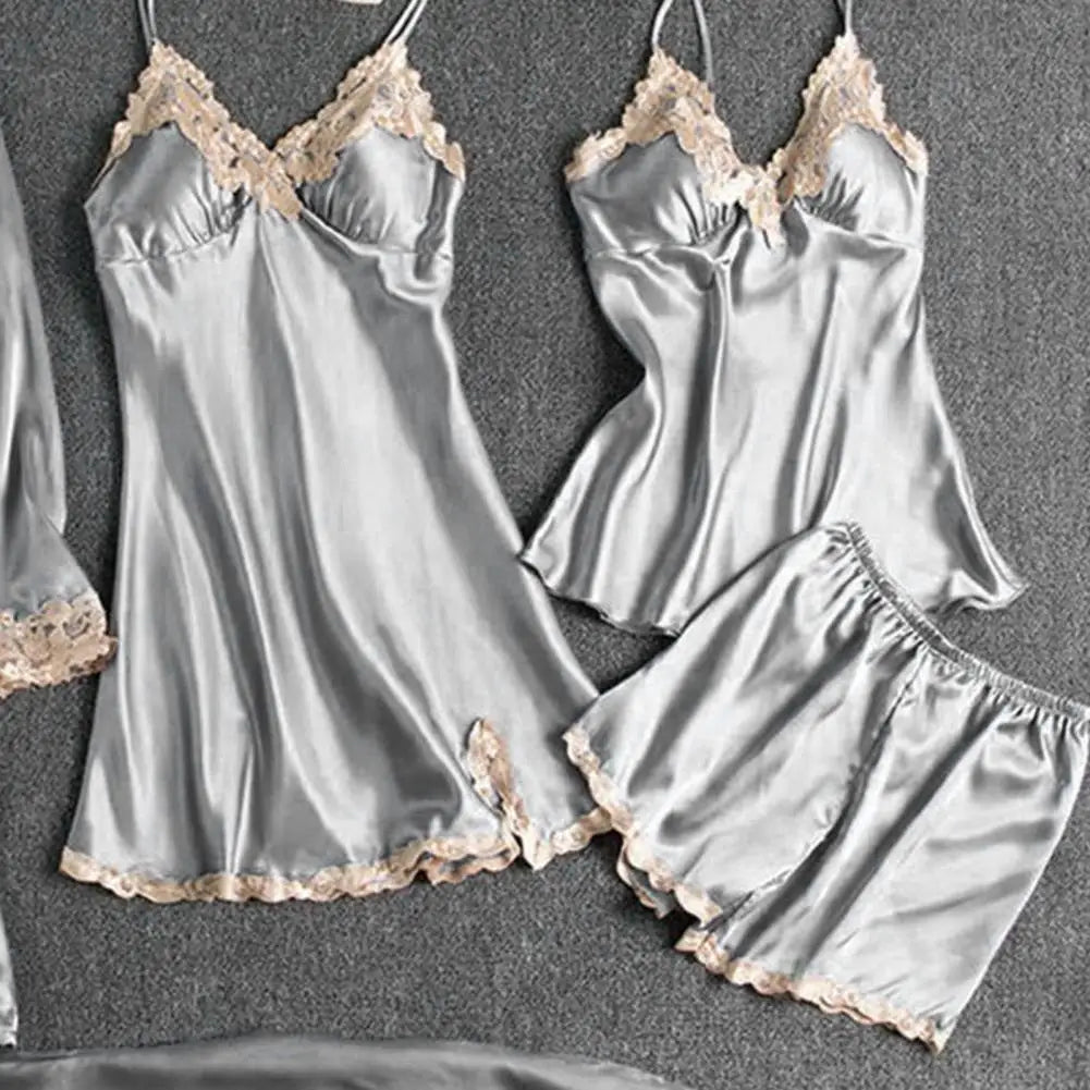 Women's 5-Piece Satin Sleepwear Set Includes Robe Nightgown Top Shorts And Pants