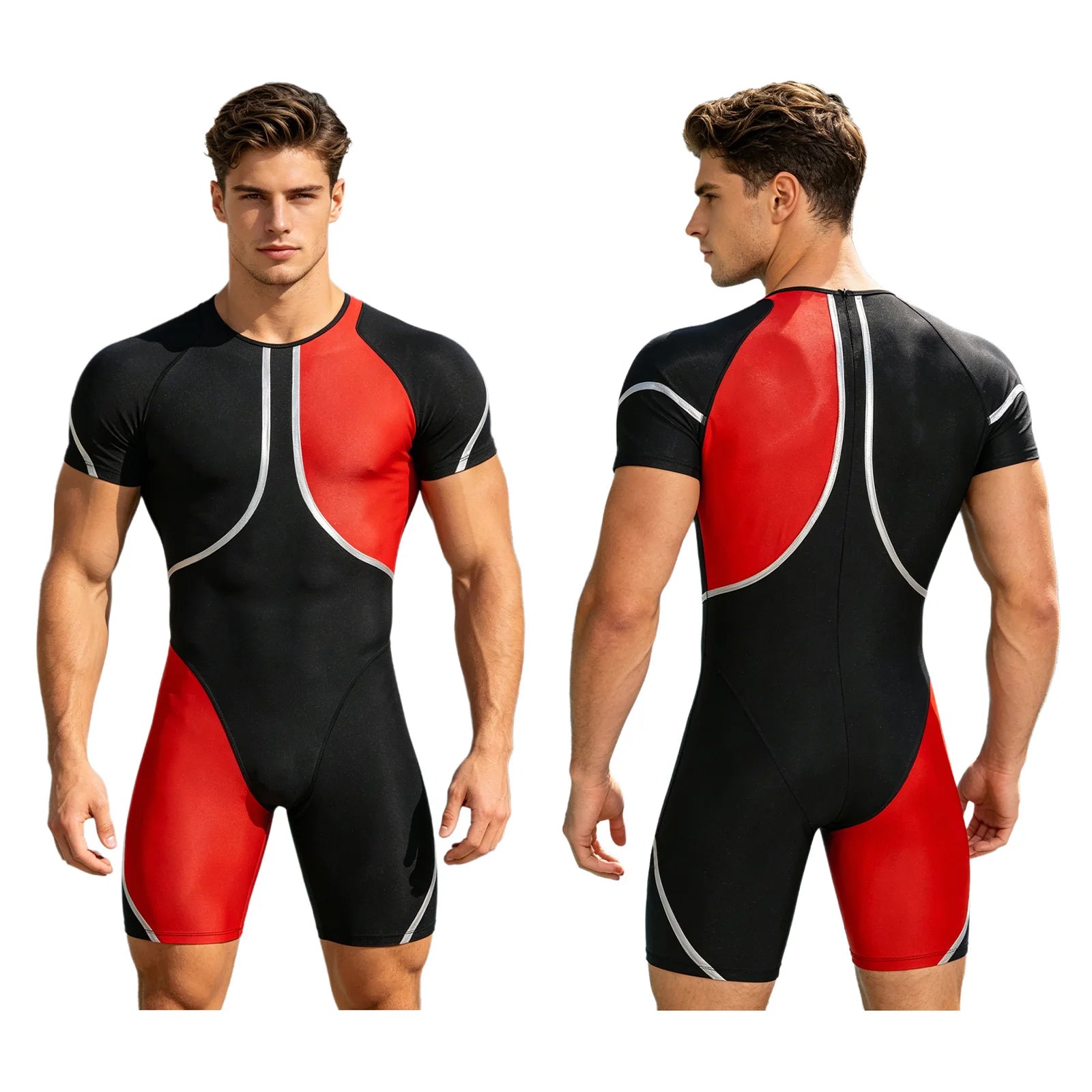 Men's Short Sleeve Rash Guard One Piece Swimsuit Zipper