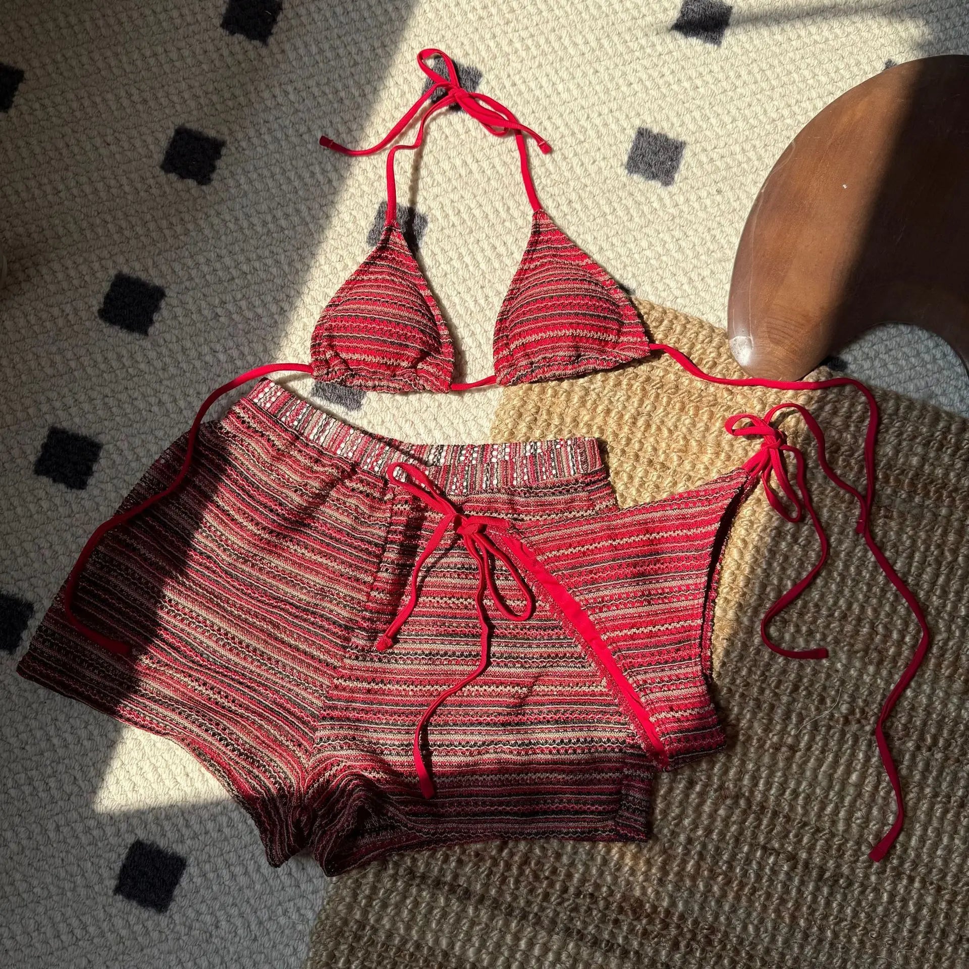 Premium Women Striped Knit Halter Bikini Three Piece Swimsuit