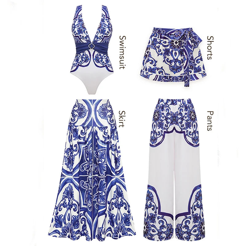 Premium Majolica Print One Piece Swimsuit And Pants Set