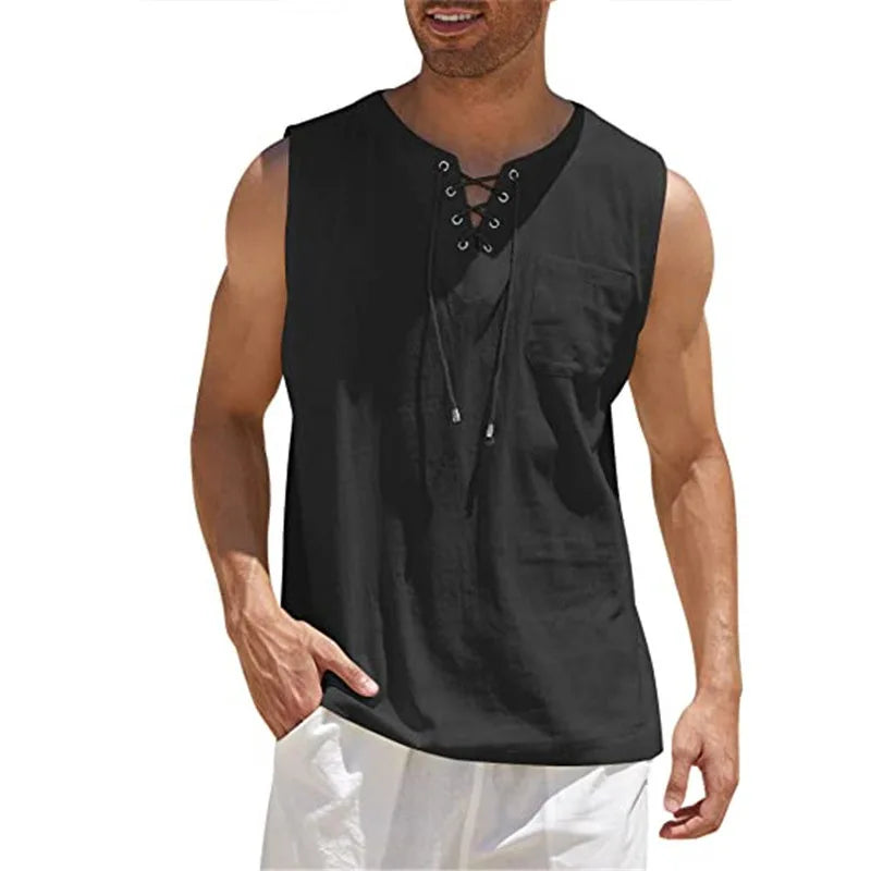 Men's Casual Sleeveless V-Neck Lace Up Retro Vest Shirt
