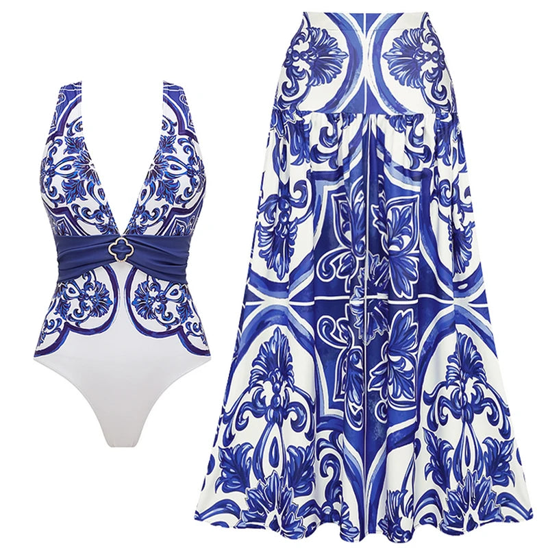 Premium Majolica Print One Piece Swimsuit And Pants Set