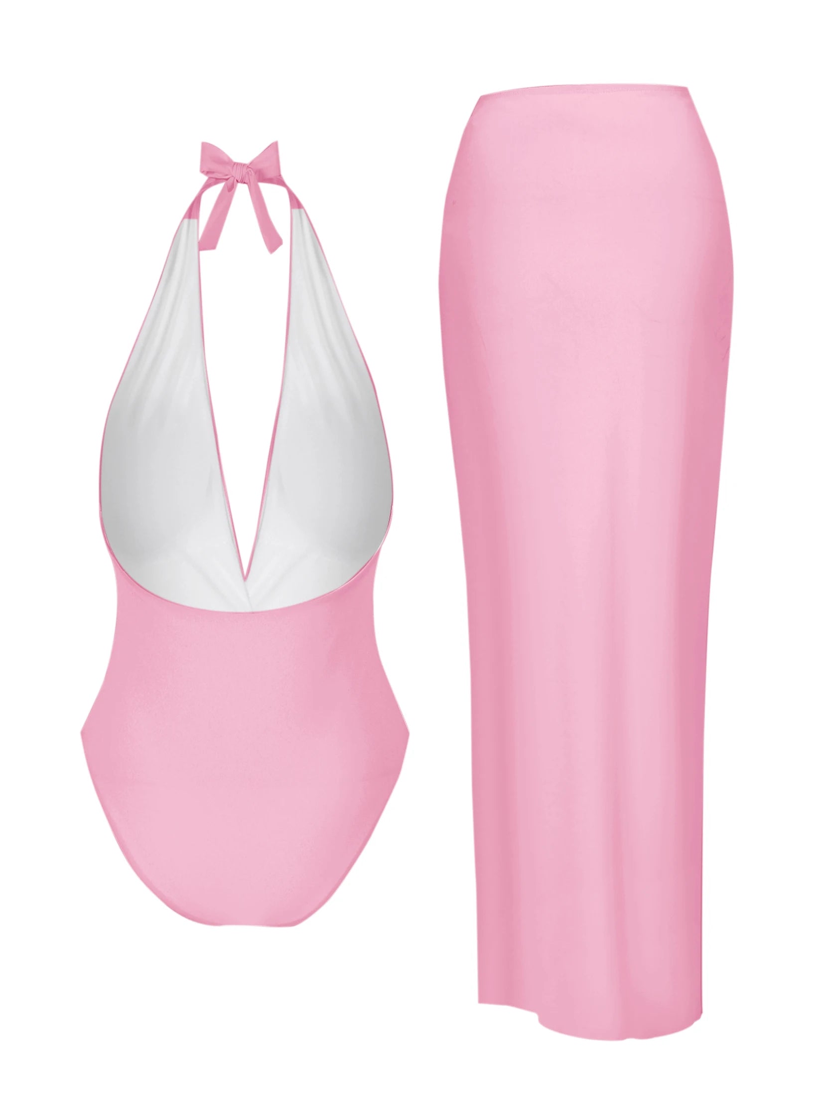 Chic Two Piece Halter Swimsuit Set Matching Beach Skirt
