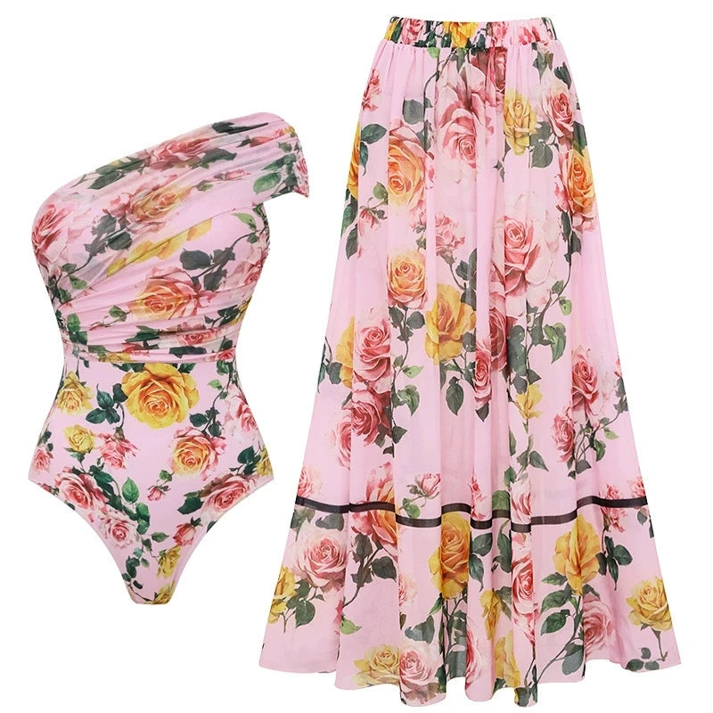 Women's Floral Printed Two Piece Skirt and Bodysuit Set