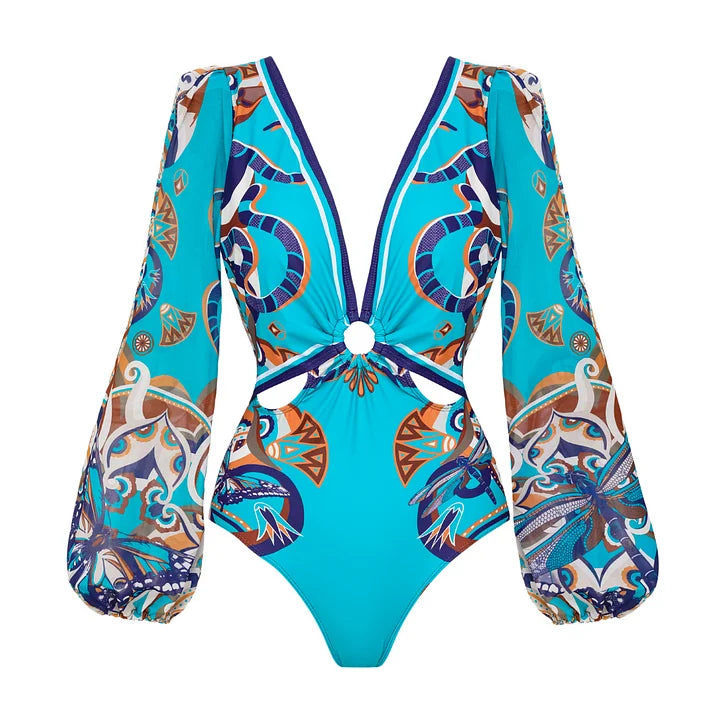 Elegant Women Jungle Green Print One Piece Swimsuit Skirt Set