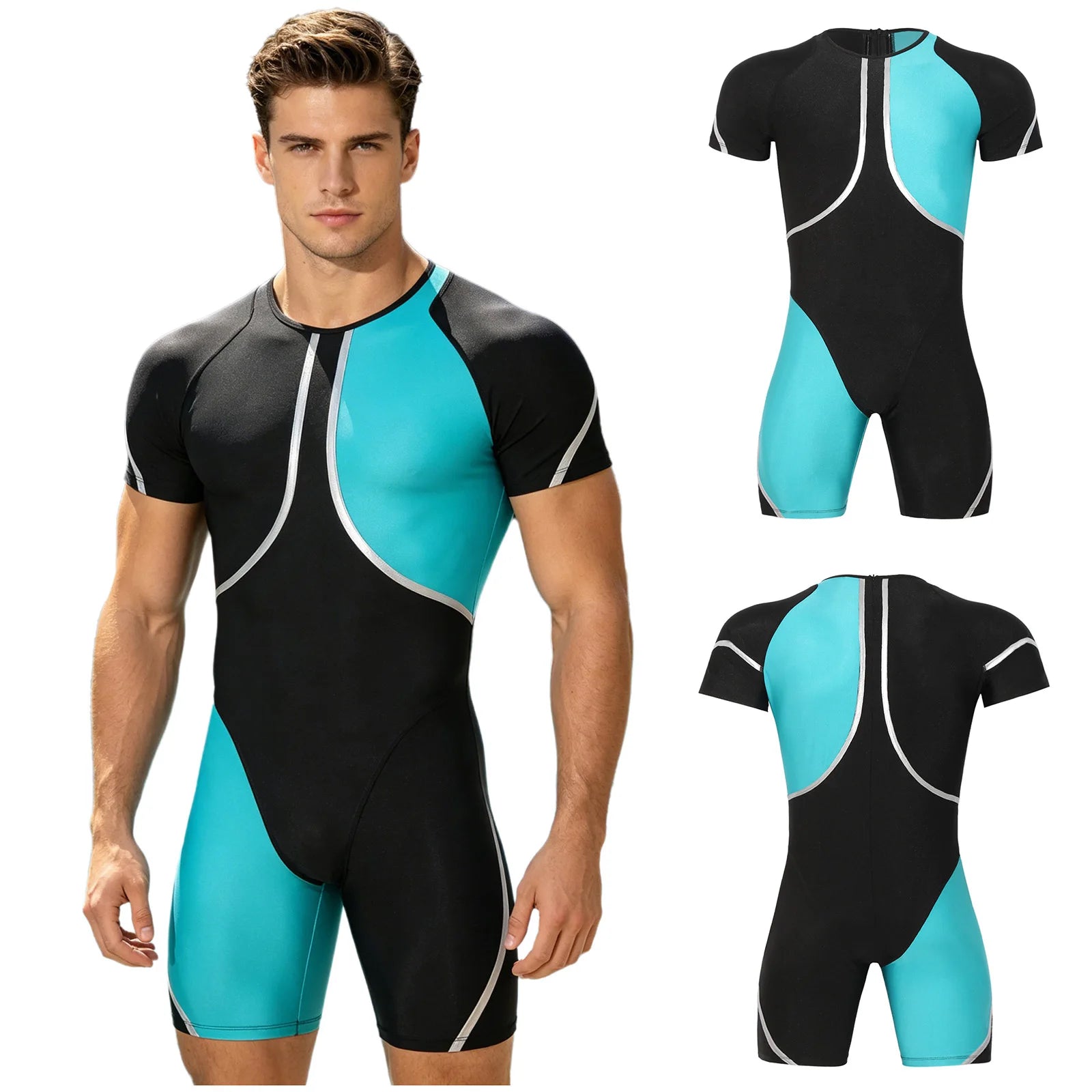 Men's Short Sleeve Rash Guard One Piece Swimsuit Zipper