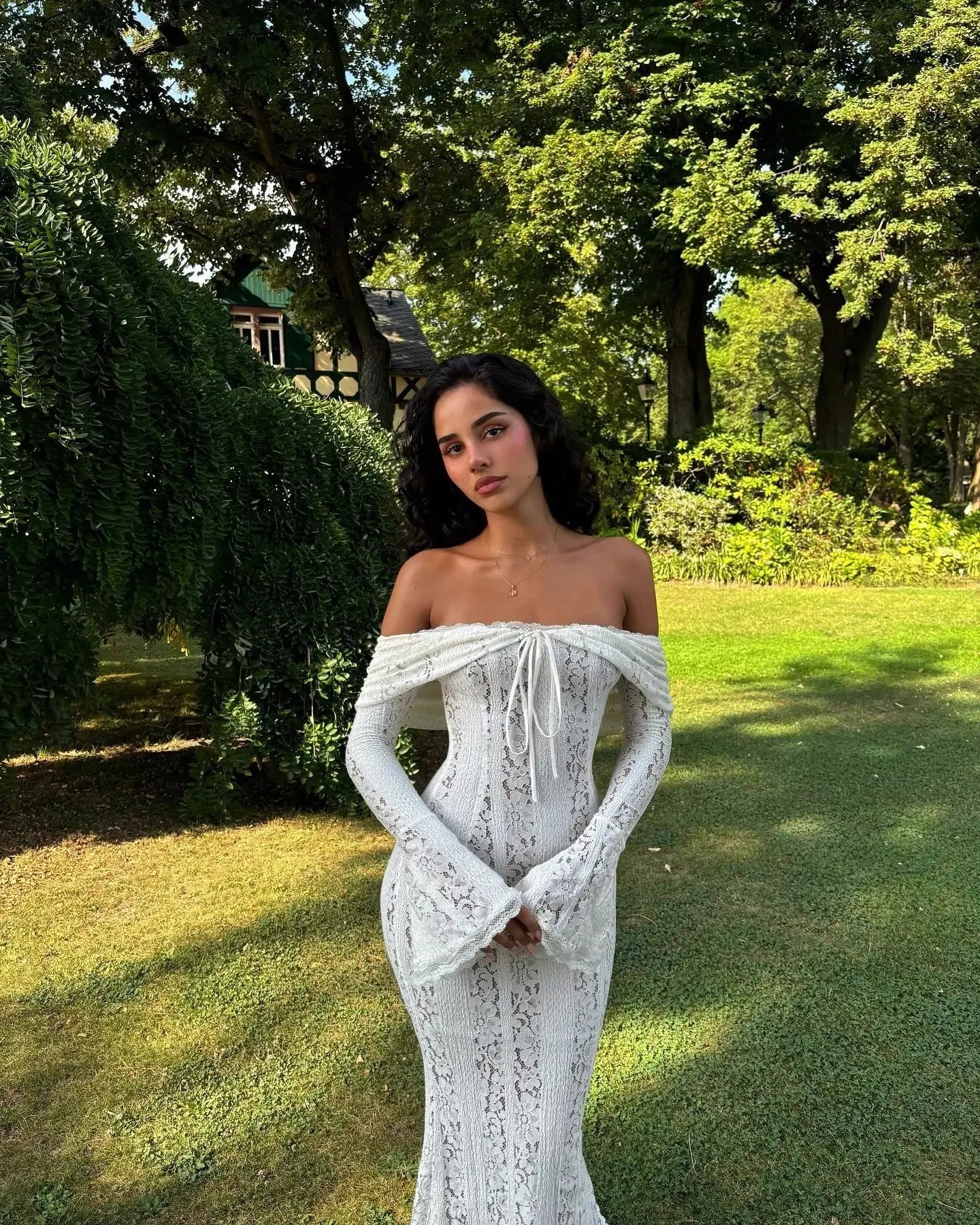 Premium Women White Bodycon Lace Maxi Dress Flare Sleeves