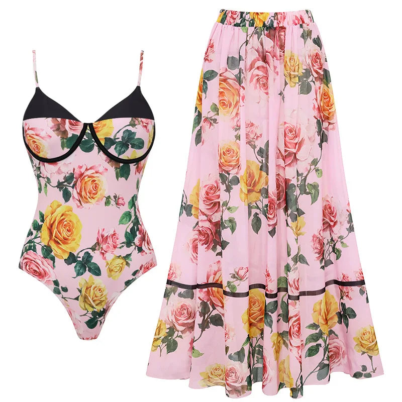 Women's Floral Printed Two Piece Skirt and Bodysuit Set