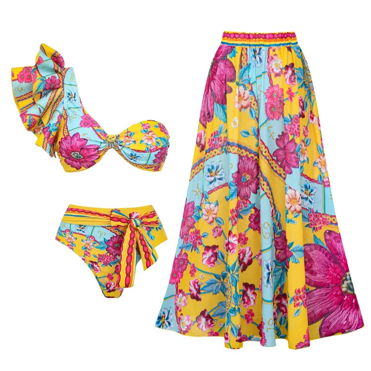 Flaxmaker Summer Women Lace Up V Neck Ruffle Swimsuit Sarong