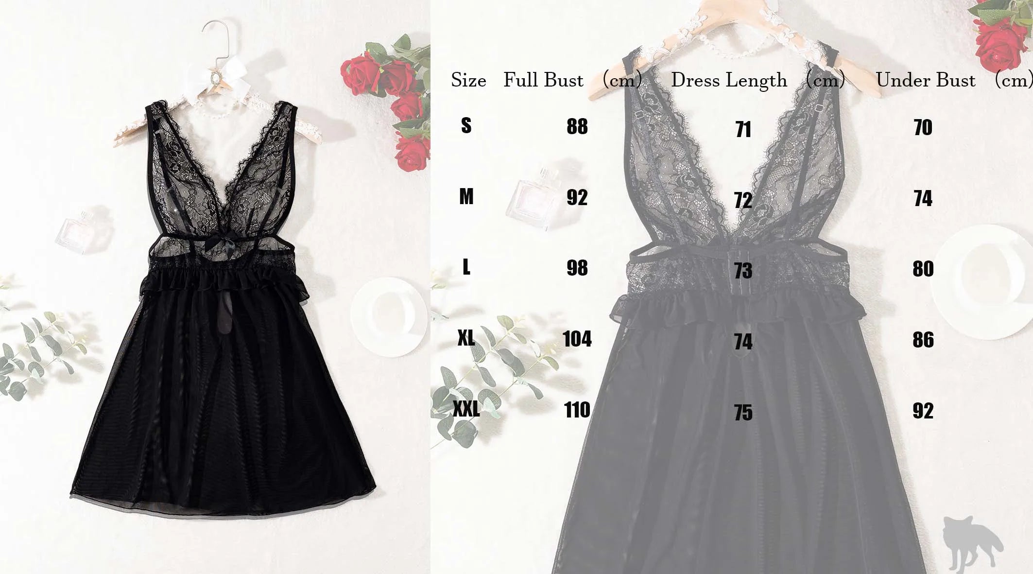 Premium Women Black Mesh Nightdress Sheer Lace V Neckwear