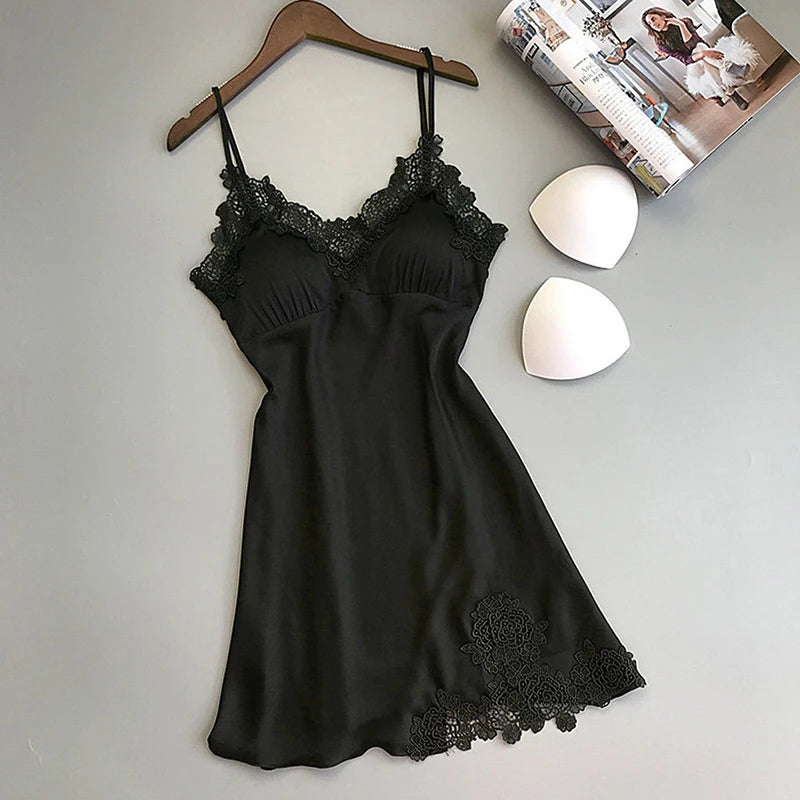 Women's Elegant Silk Satin Nightgown With Floral Lace Trim Soft Sleepwear Robe