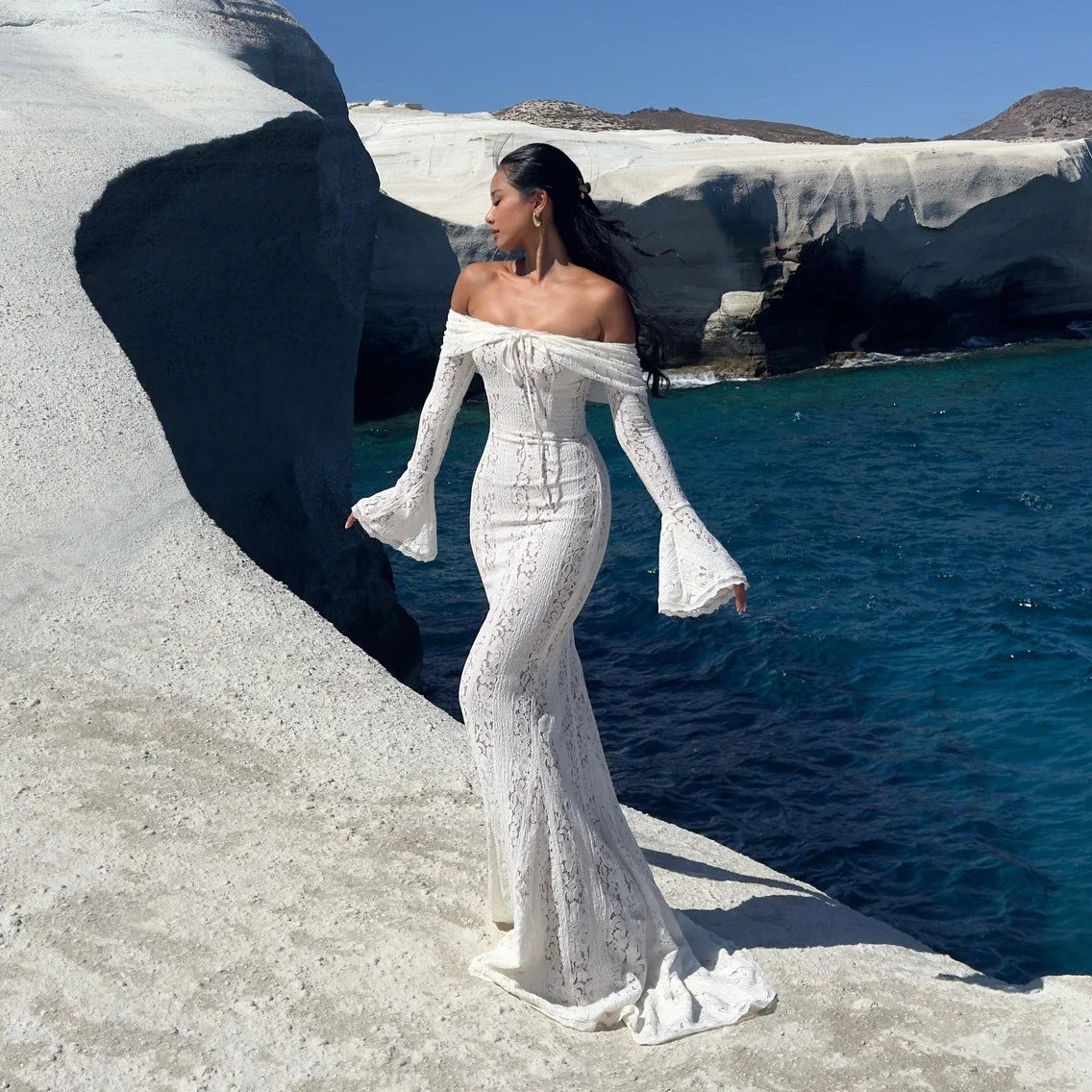 Premium Women White Bodycon Lace Maxi Dress Flare Sleeves