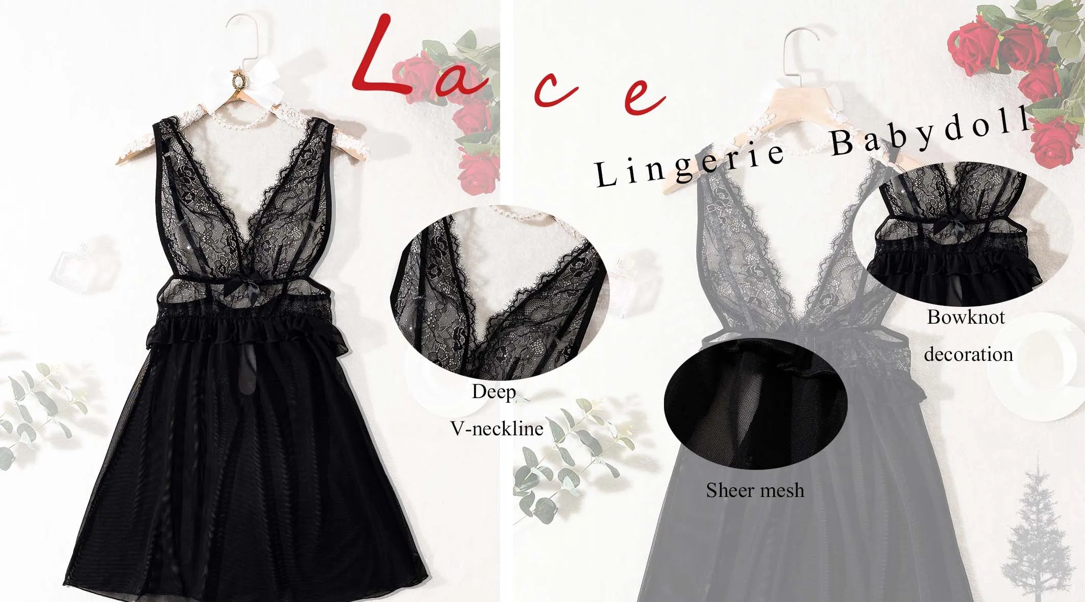 Premium Women Black Mesh Nightdress Sheer Lace V Neckwear