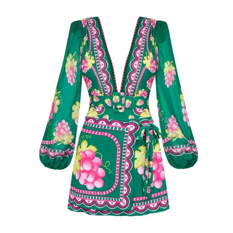 Elegant Women Jungle Green Print One Piece Swimsuit Skirt Set