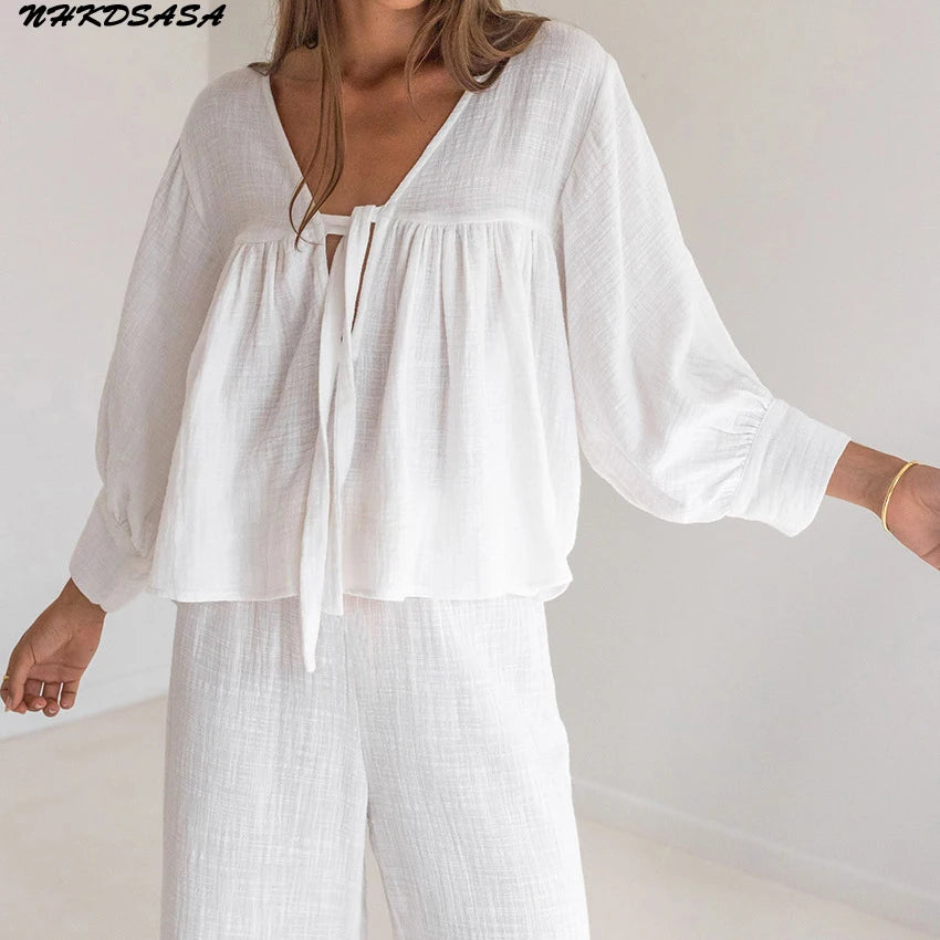 Breathable Cotton Women's V-Neck Pajama Set Loose Lounge Suit