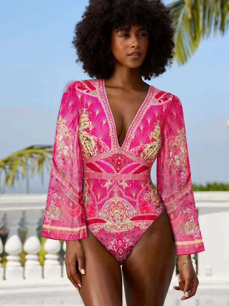 Elegant Women Jungle Green Print One Piece Swimsuit Skirt Set