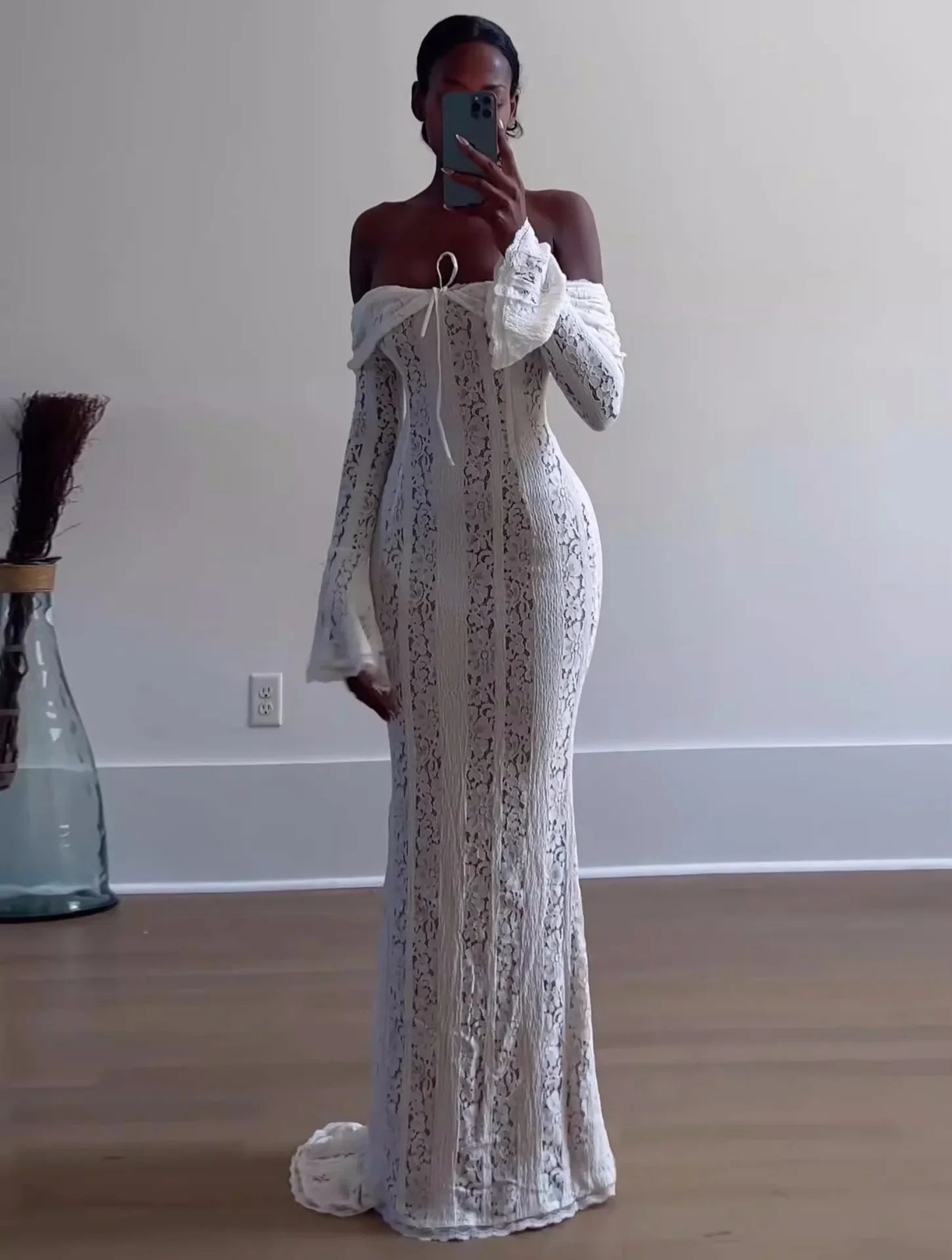 Premium Women White Bodycon Lace Maxi Dress Flare Sleeves