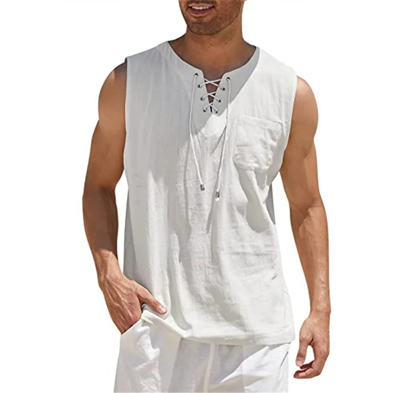 Men's Casual Sleeveless V-Neck Lace Up Retro Vest Shirt