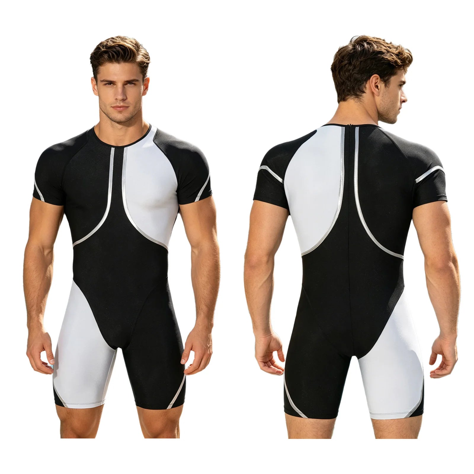 Men's Short Sleeve Rash Guard One Piece Swimsuit Zipper