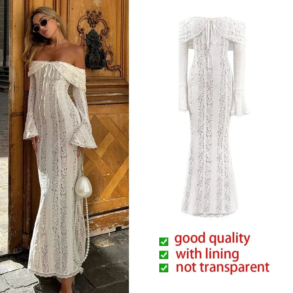 Premium Women White Bodycon Lace Maxi Dress Flare Sleeves