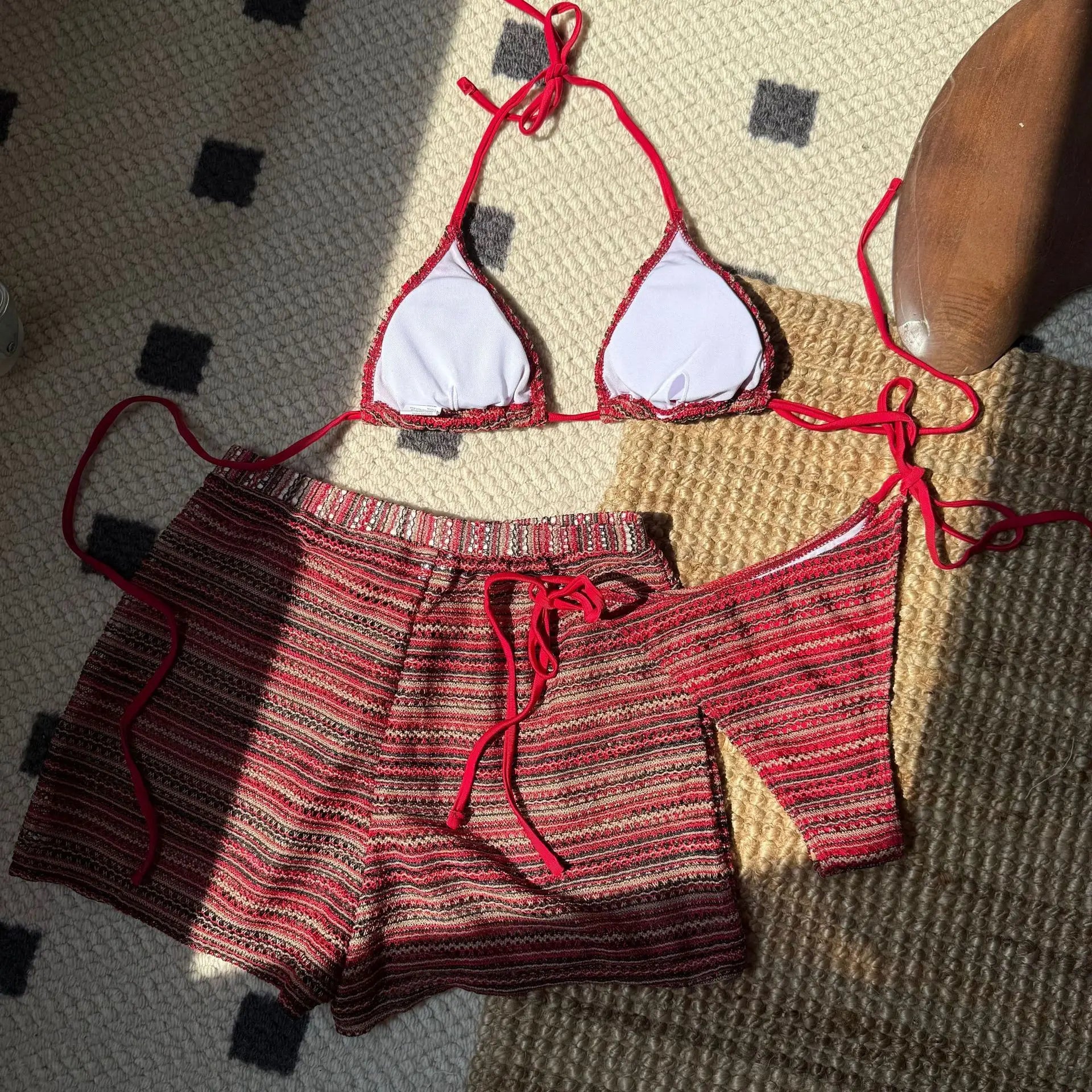 Premium Women Striped Knit Halter Bikini Three Piece Swimsuit