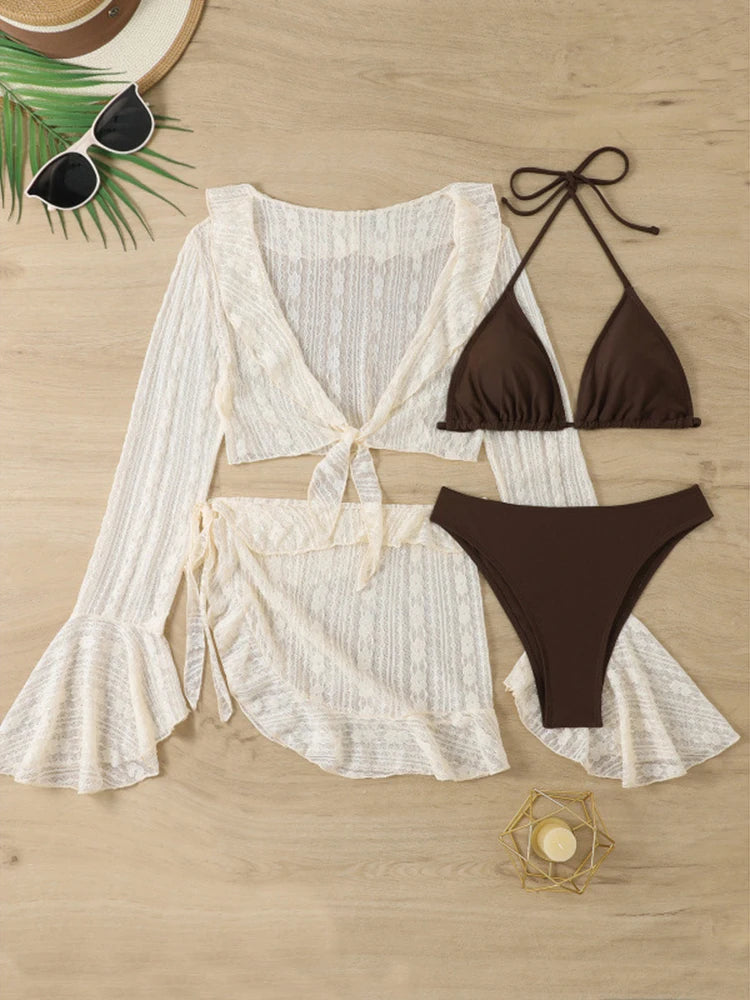 Circyy Black Long Sleeve Rash Guard Ruffled Bikini Set