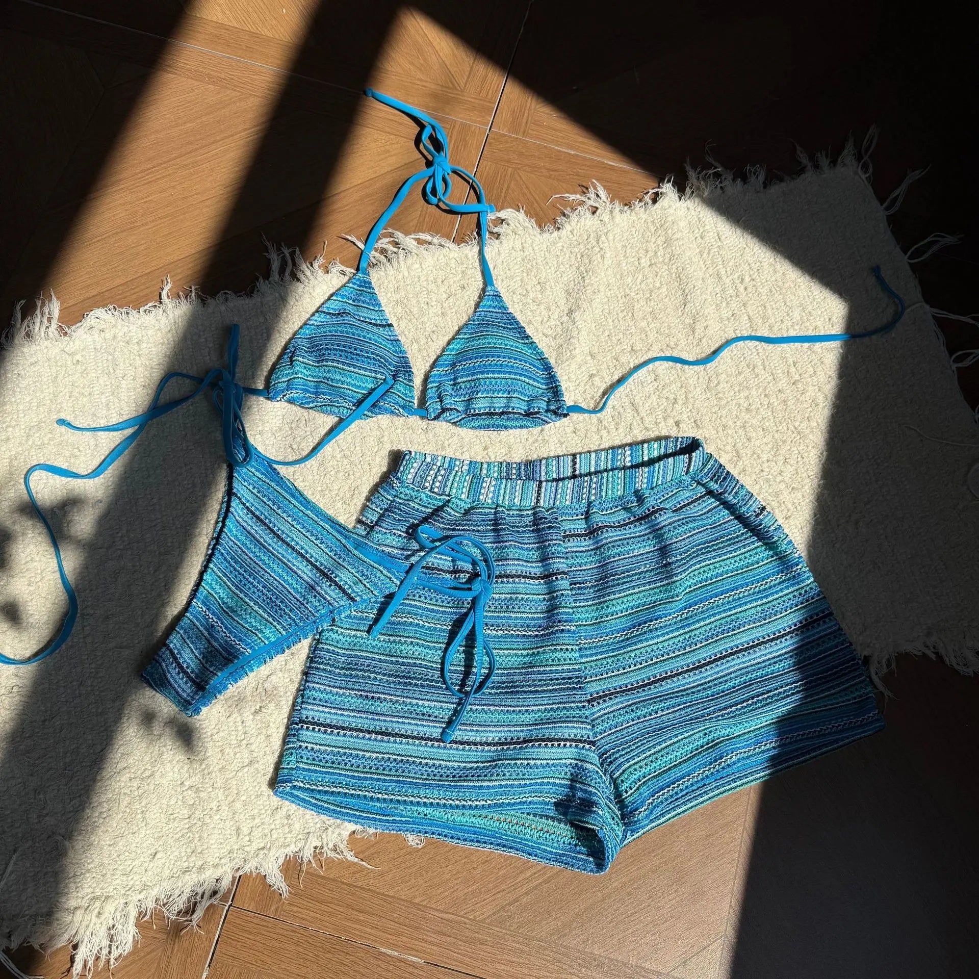 Premium Women Striped Knit Halter Bikini Three Piece Swimsuit