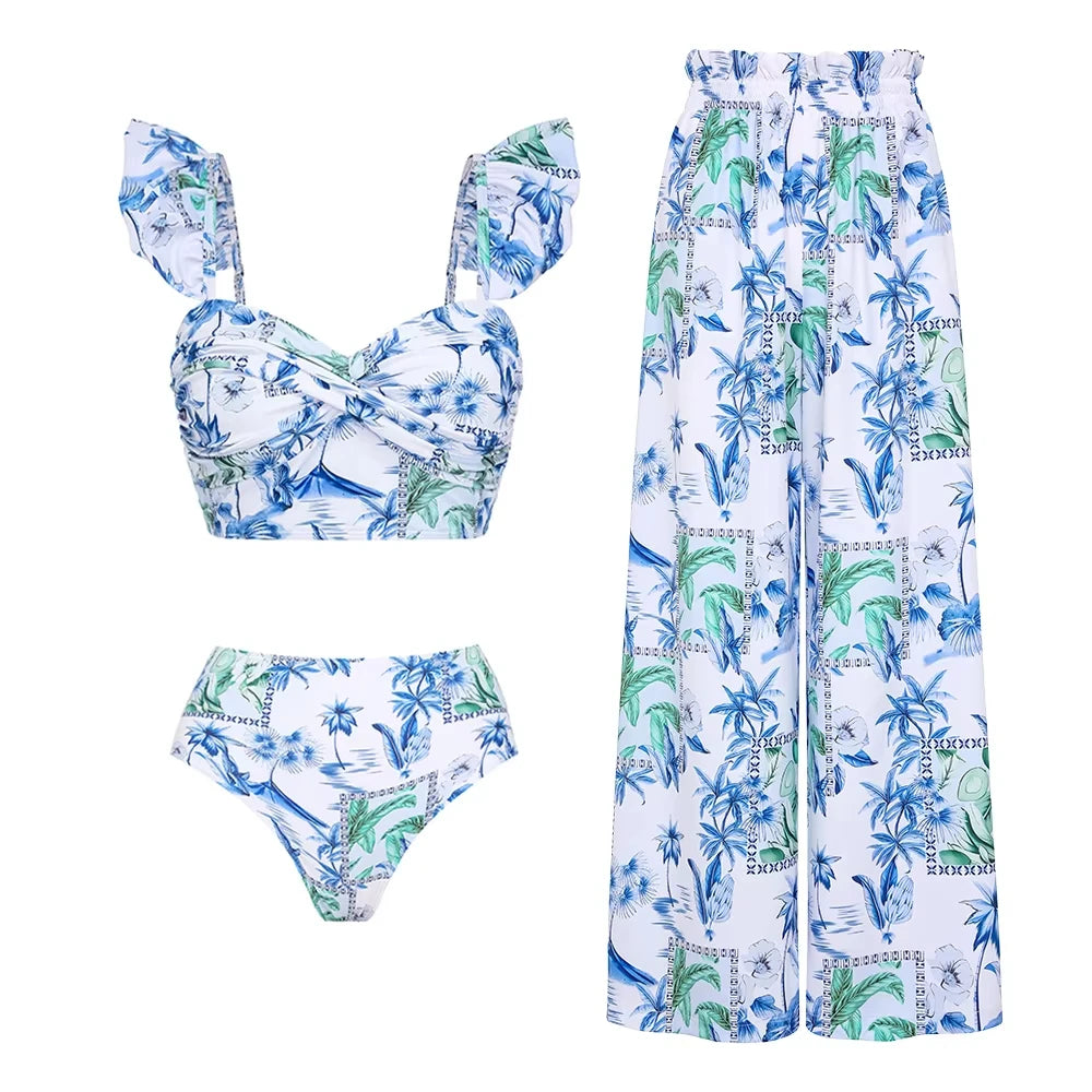 Flaxmaker Summer Women Lace Up V Neck Ruffle Swimsuit Sarong