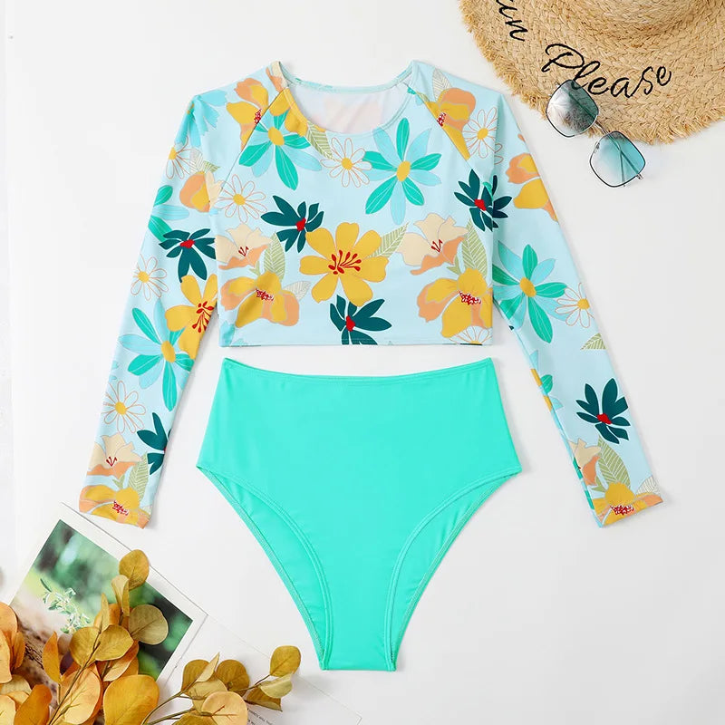 Chic Long Sleeve Two Piece Swimming Bathing Suit Set