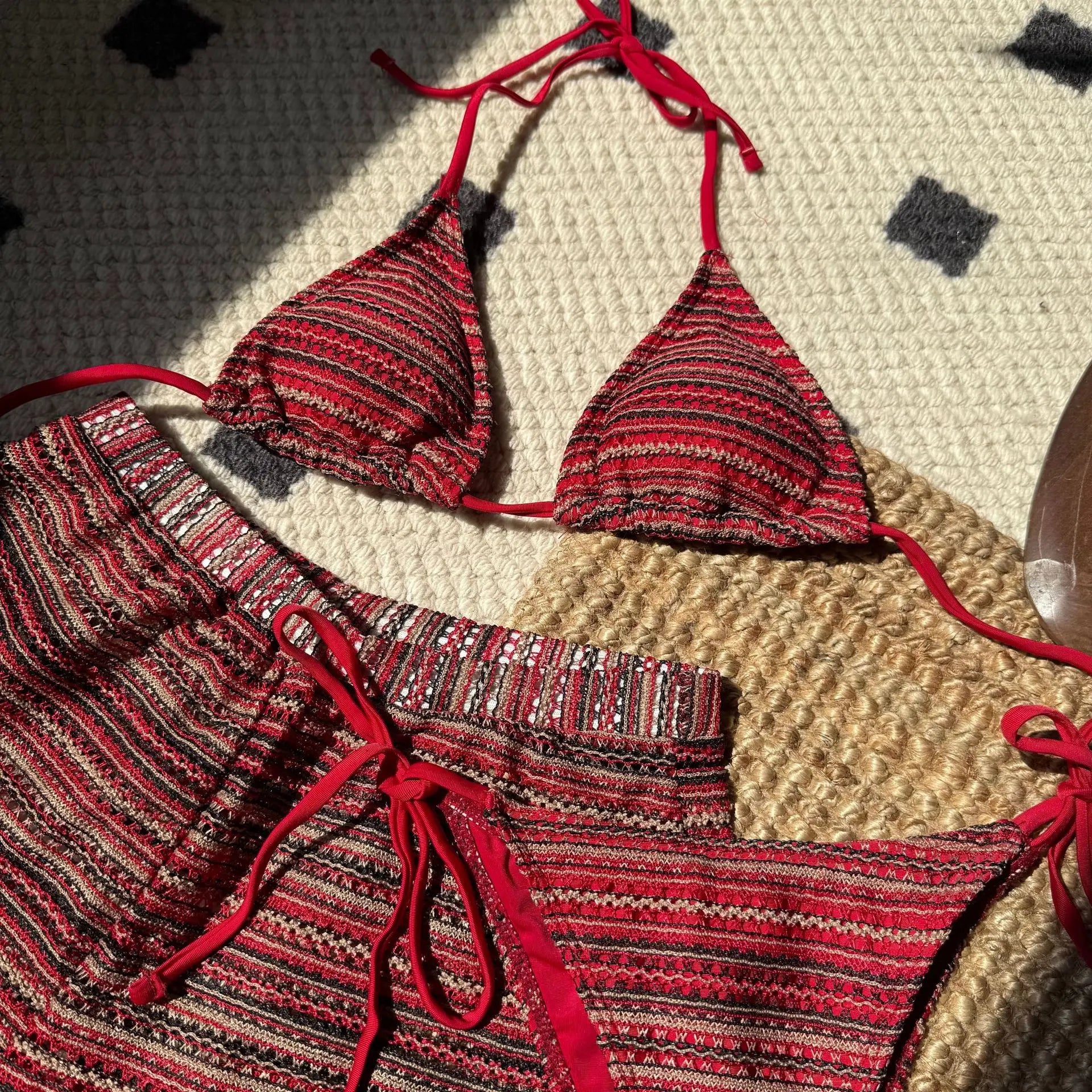Premium Women Striped Knit Halter Bikini Three Piece Swimsuit
