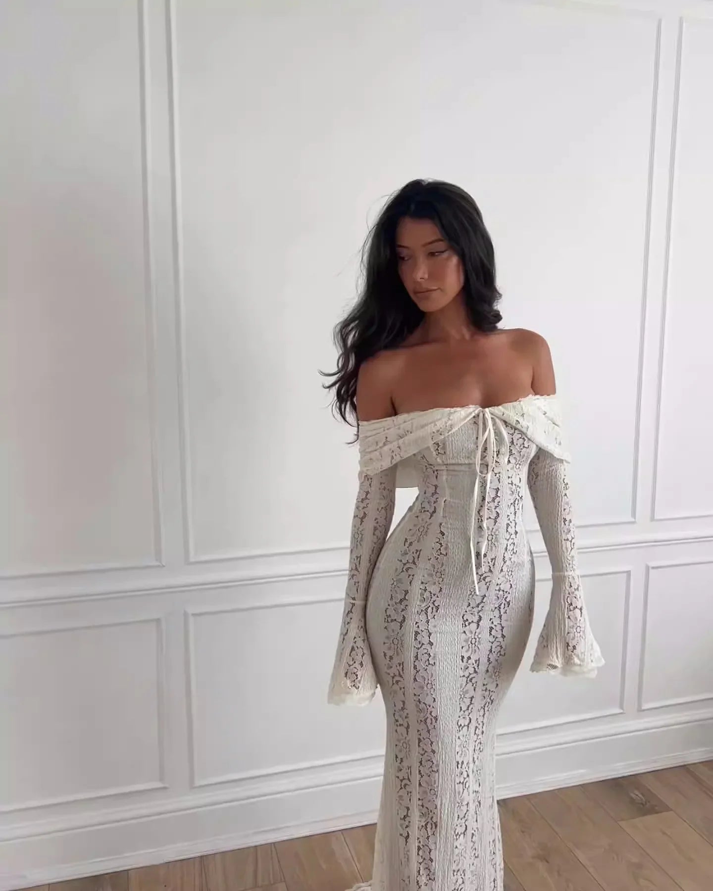 Premium Women White Bodycon Lace Maxi Dress Flare Sleeves