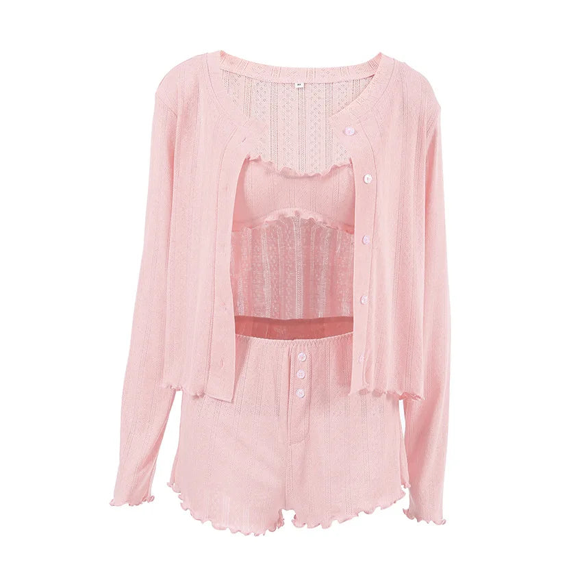 Soft Women 3 Piece Pajama Set Long Sleeve Nightwear