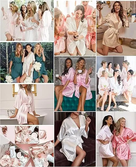 Luxurious Navy Blue Satin Kimono Robe Women's Silk Feel Bridesmaid Dressing Gown Sleepwear
