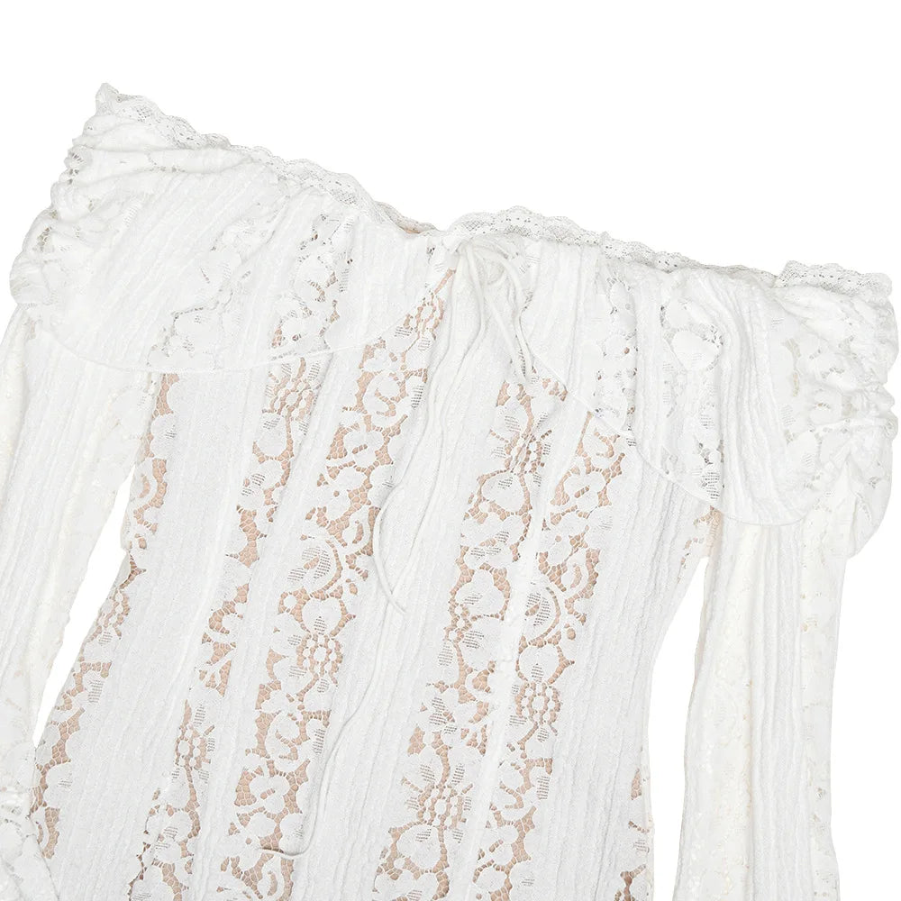 Premium Women White Bodycon Lace Maxi Dress Flare Sleeves