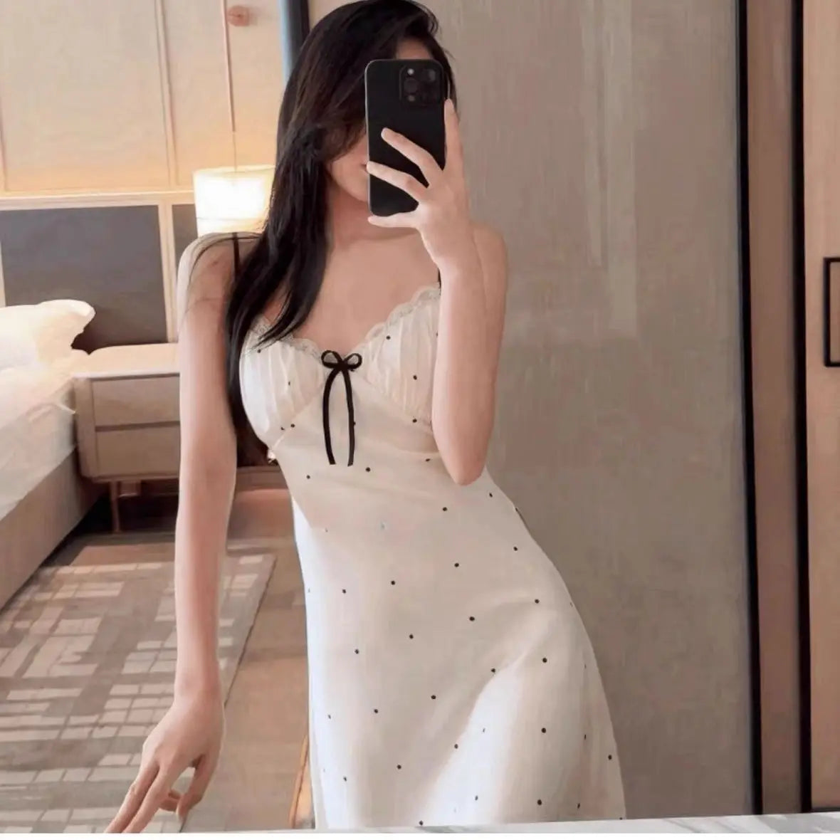 Women's Summer Ice Silk Chemise Nightgown With Elegant Lace Trim V-Neck Sleepwear