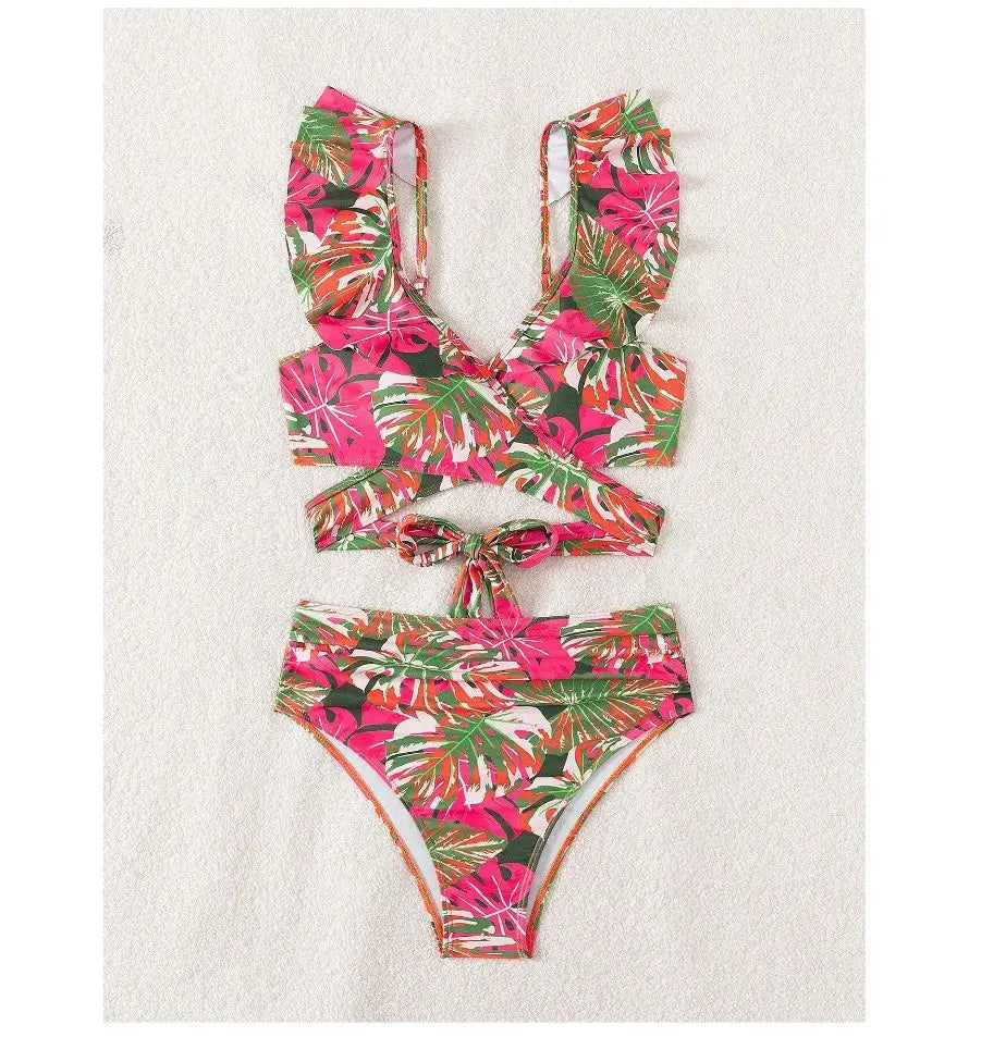 Women Tropical Floral Ruffle Trim Two Piece Bikini Swimsuit