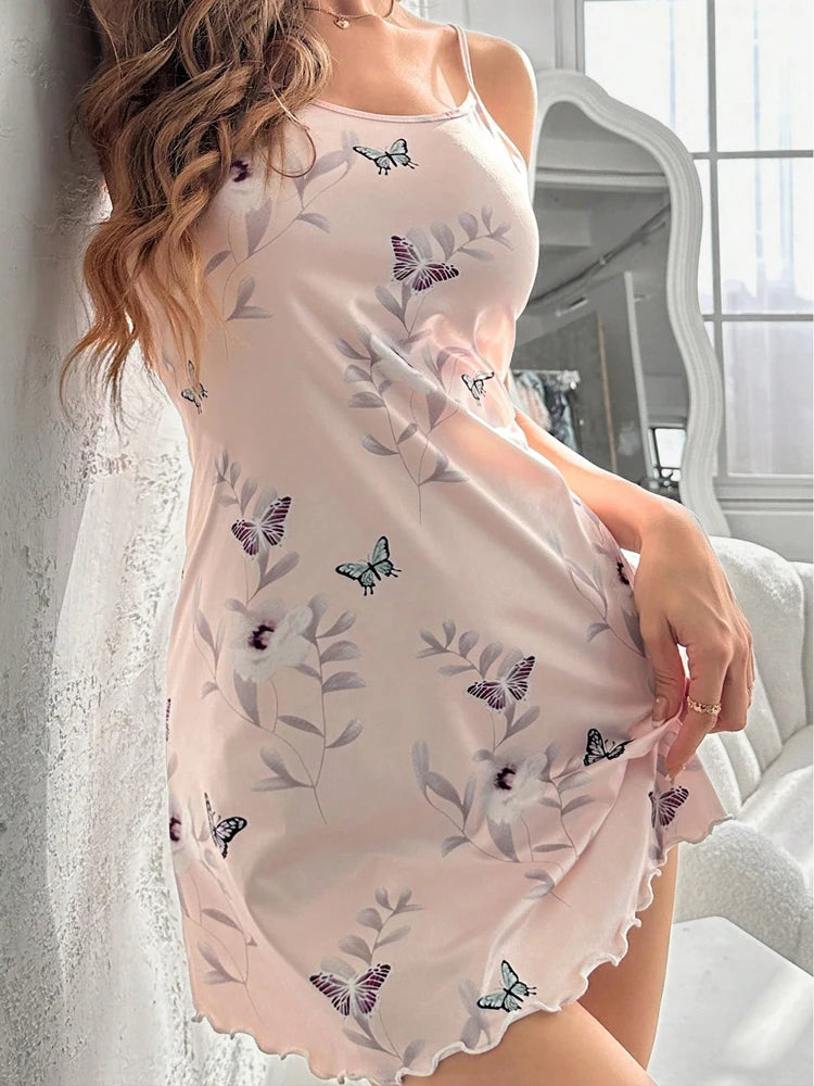 Summer Women's Satin Teddy Bear Butterfly Ruffled Strap Sleepwear